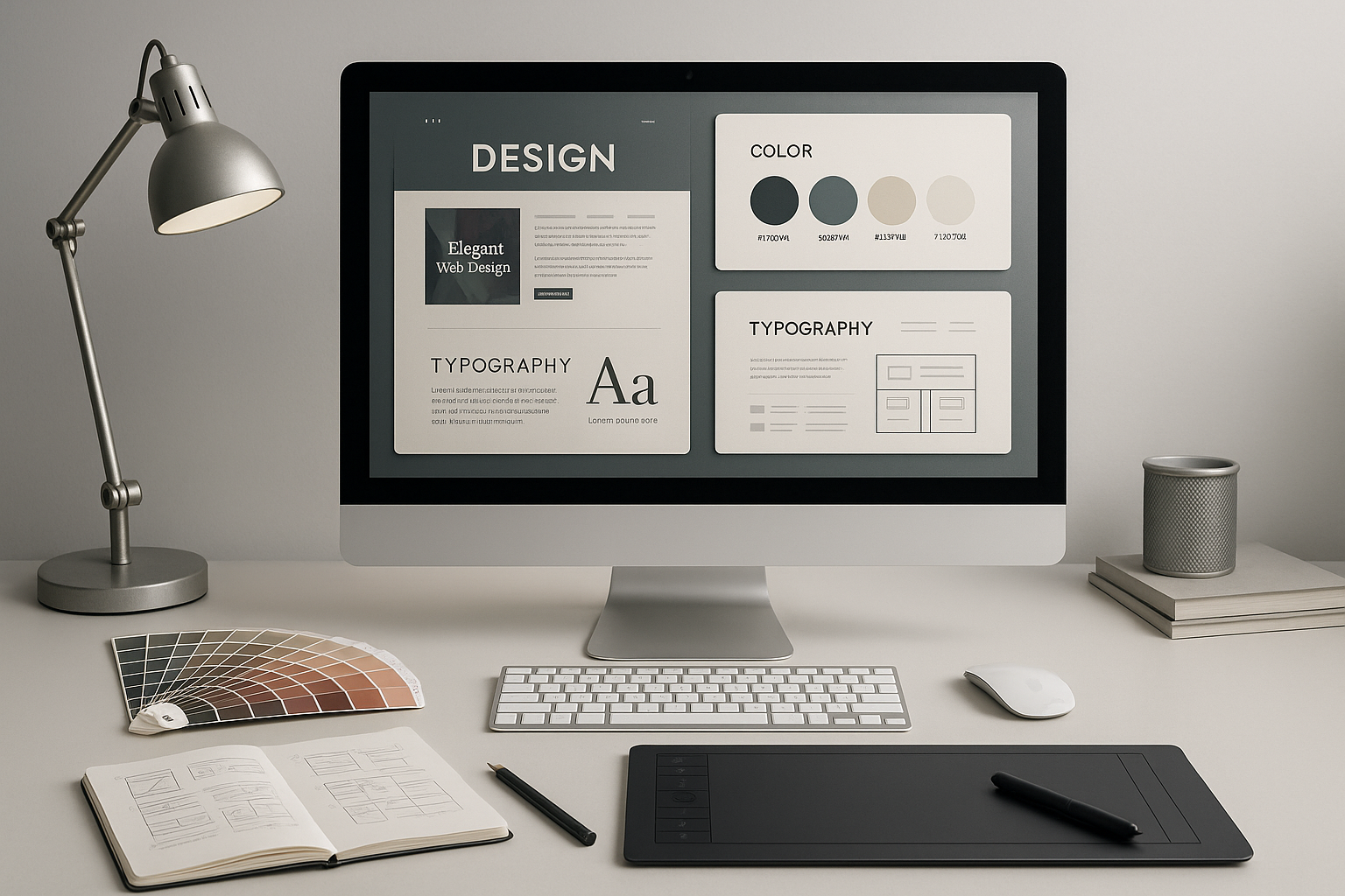 Erstelle mir ein letztes Bild, dass meine Expertise und Erfahrungen Bezug auf Design zeigt, professionell wirkt und angebracht für eine Shopify Website ist